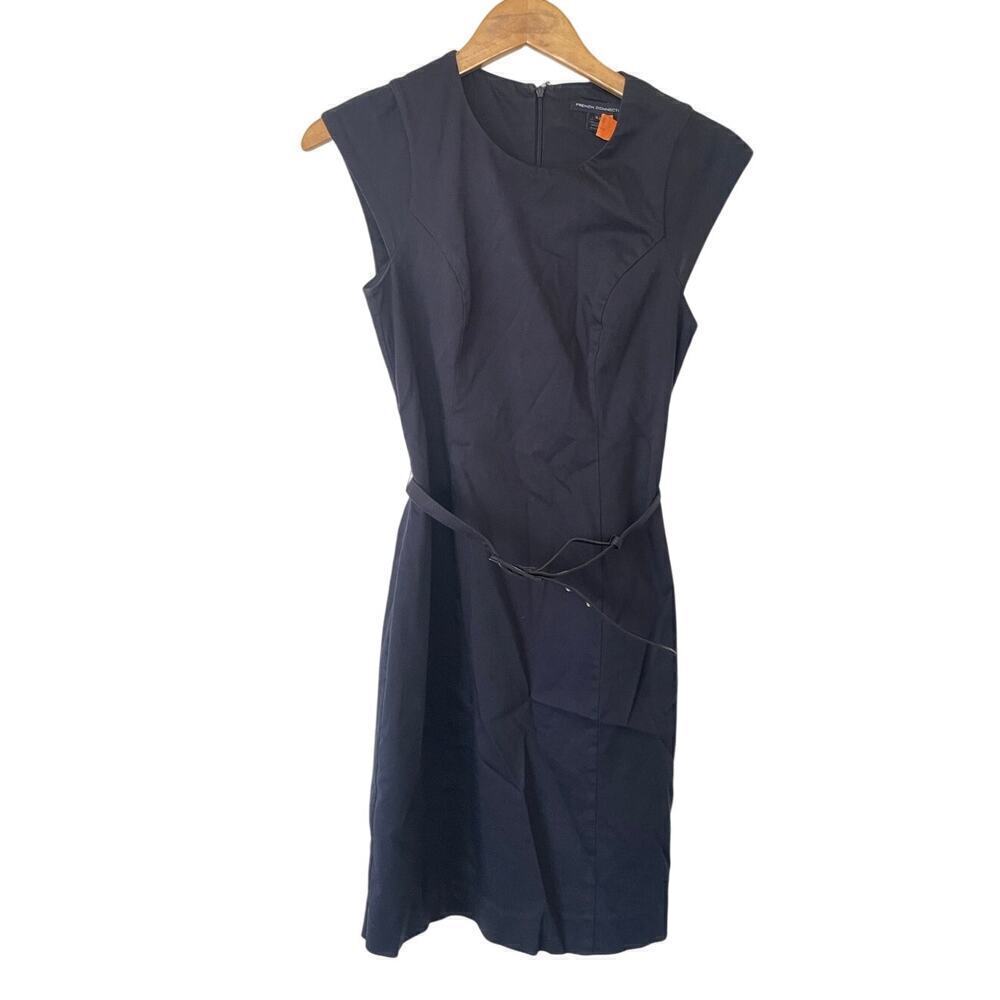 French Connection Navy Blue Cotton Blend Belted Sheath Dress • Size 6 🔴